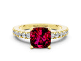 Yellow gold Cushion Cut Solitaire Diamond with Pavé Band and Four-Prong Setting