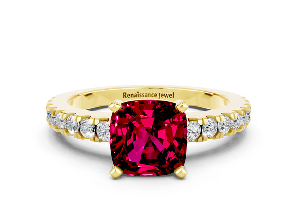 Yellow gold Cushion Cut Solitaire Garnet with Pavé Band and Four-Prong Setting