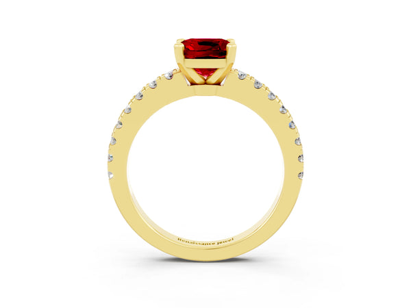 Yellow gold Cushion Cut Solitaire Ruby with Pavé Band and Four-Prong Setting