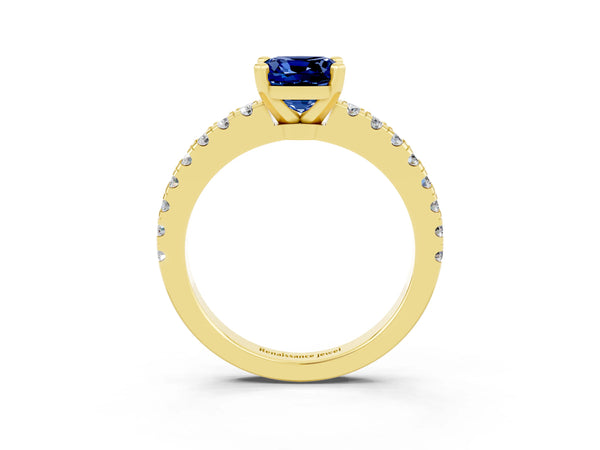Yellow gold Cushion Cut Solitaire Blue Sapphire with Pavé Band and Four-Prong Setting