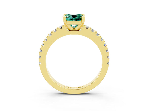 Yellow gold Cushion Cut Solitaire Green Sapphire with Pavé Band and Four-Prong Setting