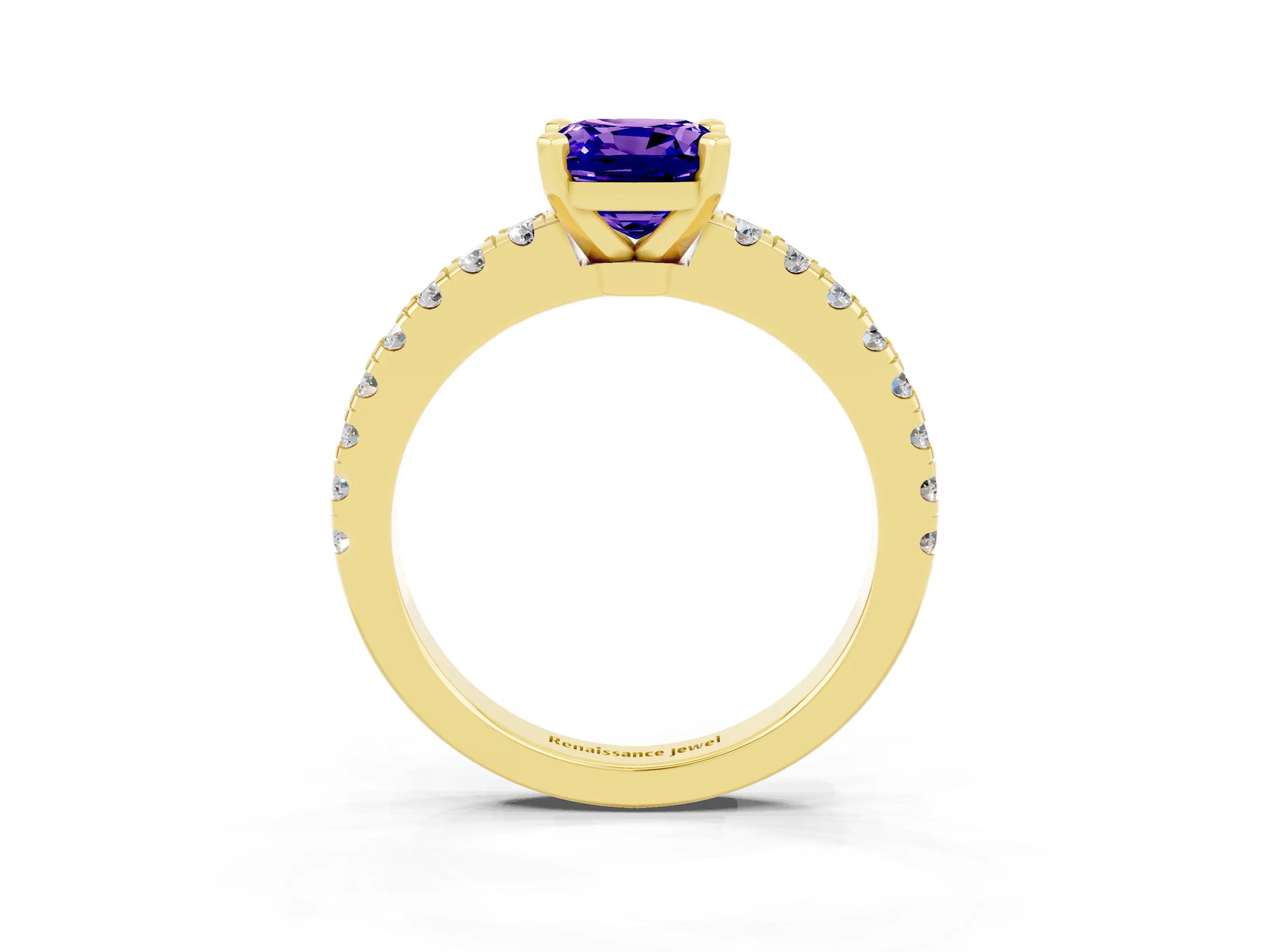 Yellow gold Cushion Cut Solitaire Diamond with Pavé Band and Four-Prong Setting_3