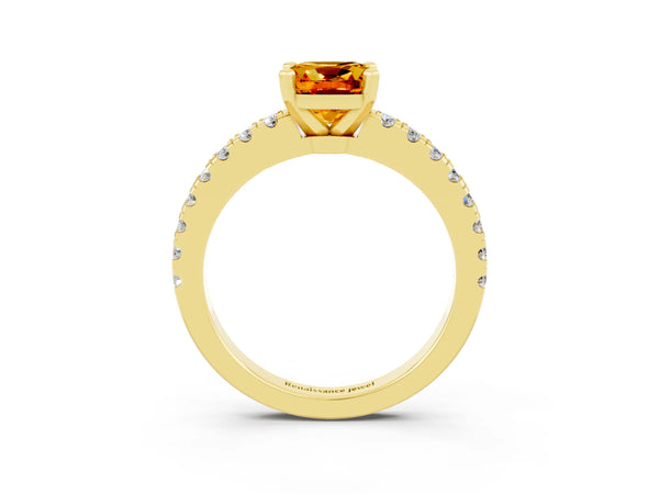 Yellow gold Cushion Cut Solitaire Citrine with Pavé Band and Four-Prong Setting