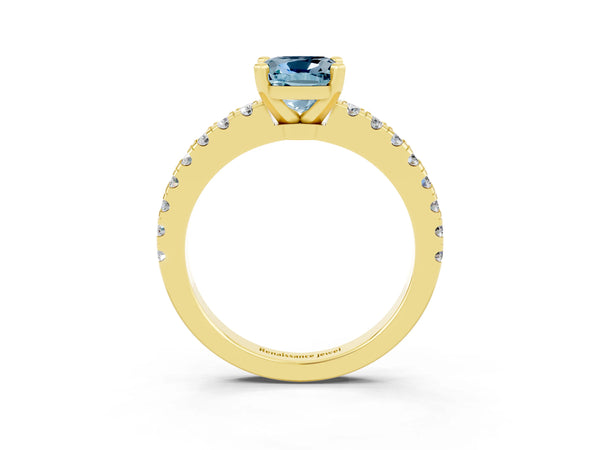 Yellow gold Cushion Cut Solitaire Aquamarine with Pavé Band and Four-Prong Setting