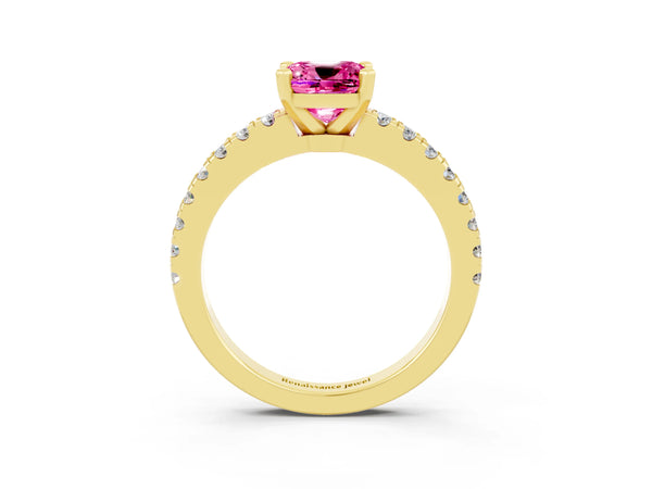 Yellow gold Cushion Cut Solitaire Pink Sapphire with Pavé Band and Four-Prong Setting
