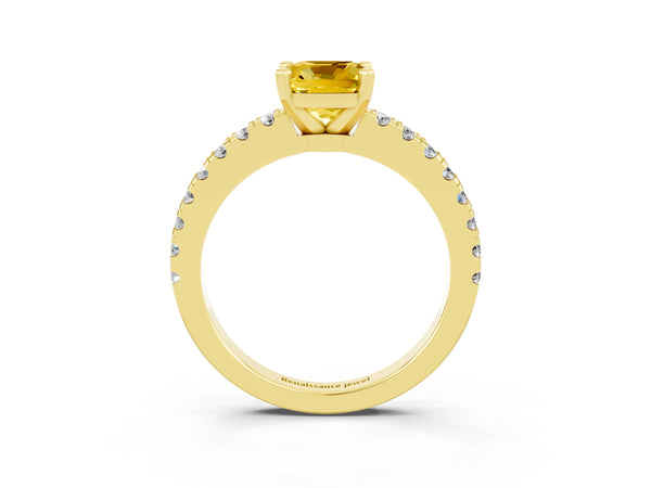 Yellow gold Cushion Cut Solitaire Yellow Sapphire with Pavé Band and Four-Prong Setting