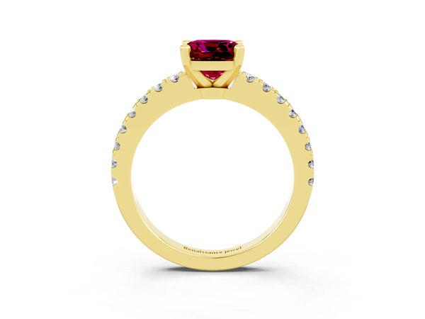 Yellow gold Cushion Cut Solitaire Garnet with Pavé Band and Four-Prong Setting