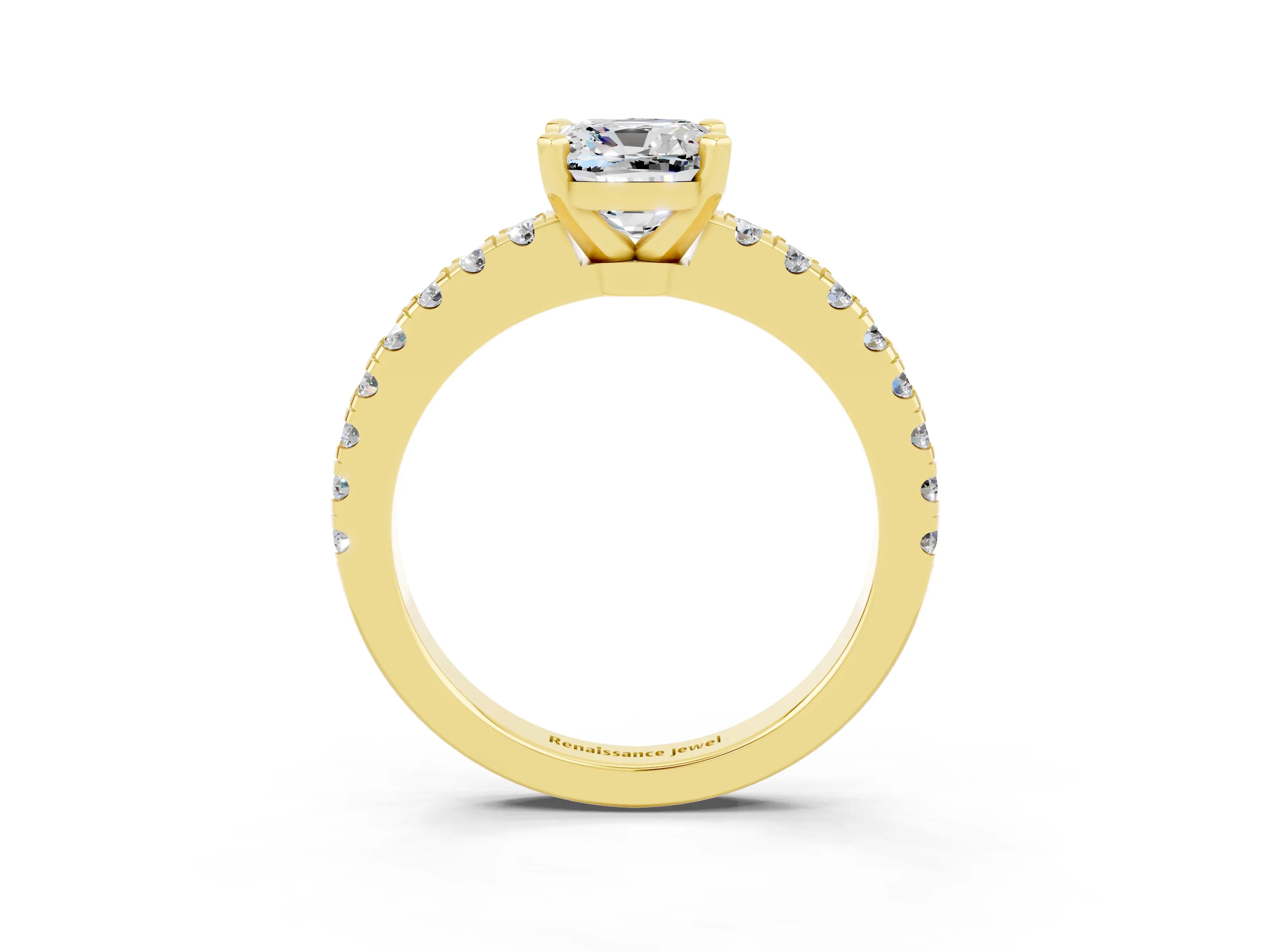 Yellow gold Cushion Cut Solitaire Diamond with Pavé Band and Four-Prong Setting_3