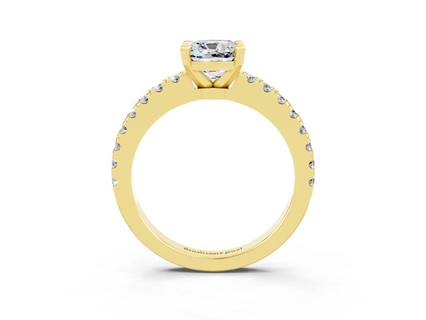 Yellow gold Cushion Cut Solitaire Moissanite with Pavé Band and Four-Prong Setting
