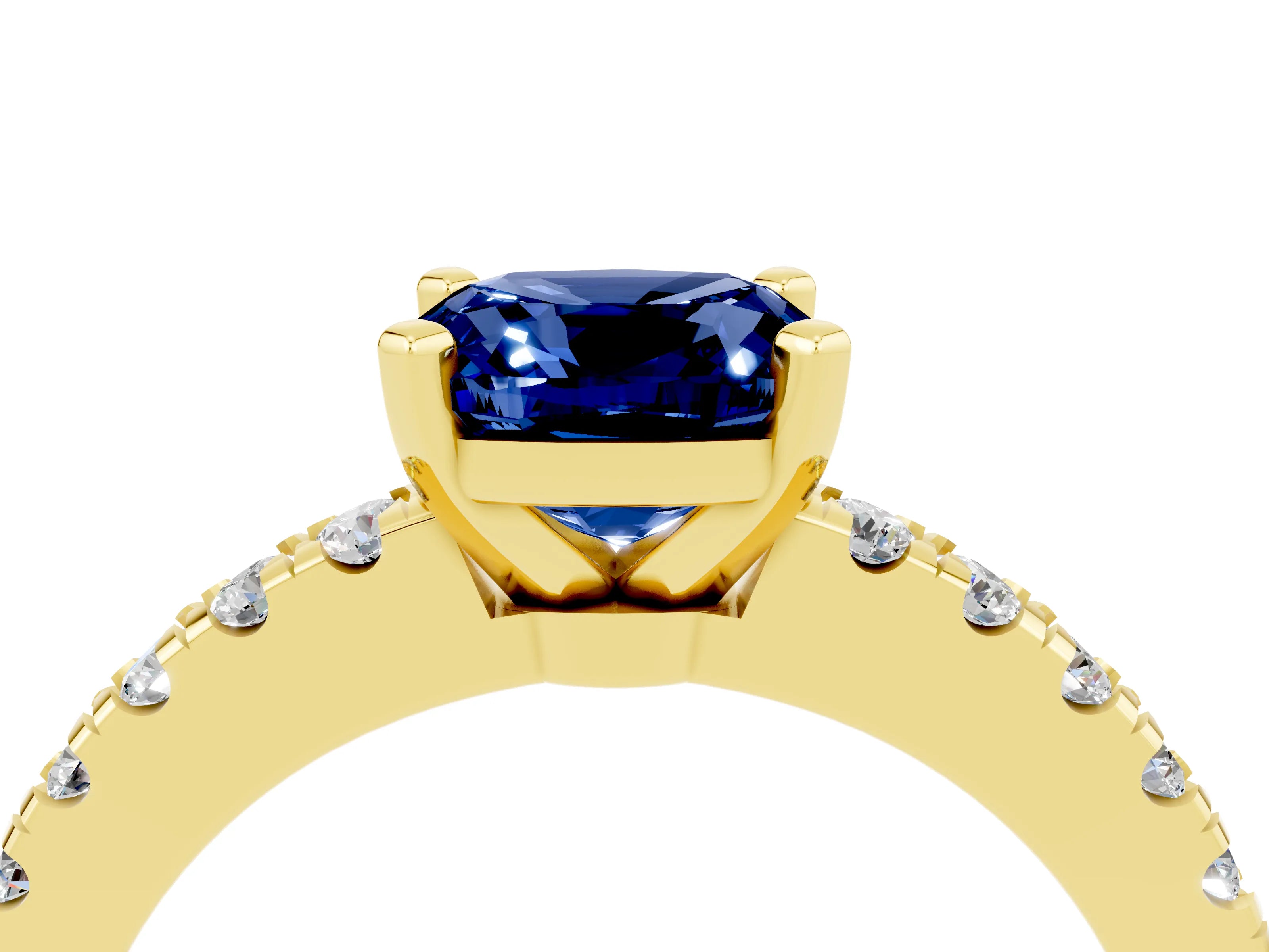 Yellow gold Cushion Cut Solitaire Diamond with Pavé Band and Four-Prong Setting_4