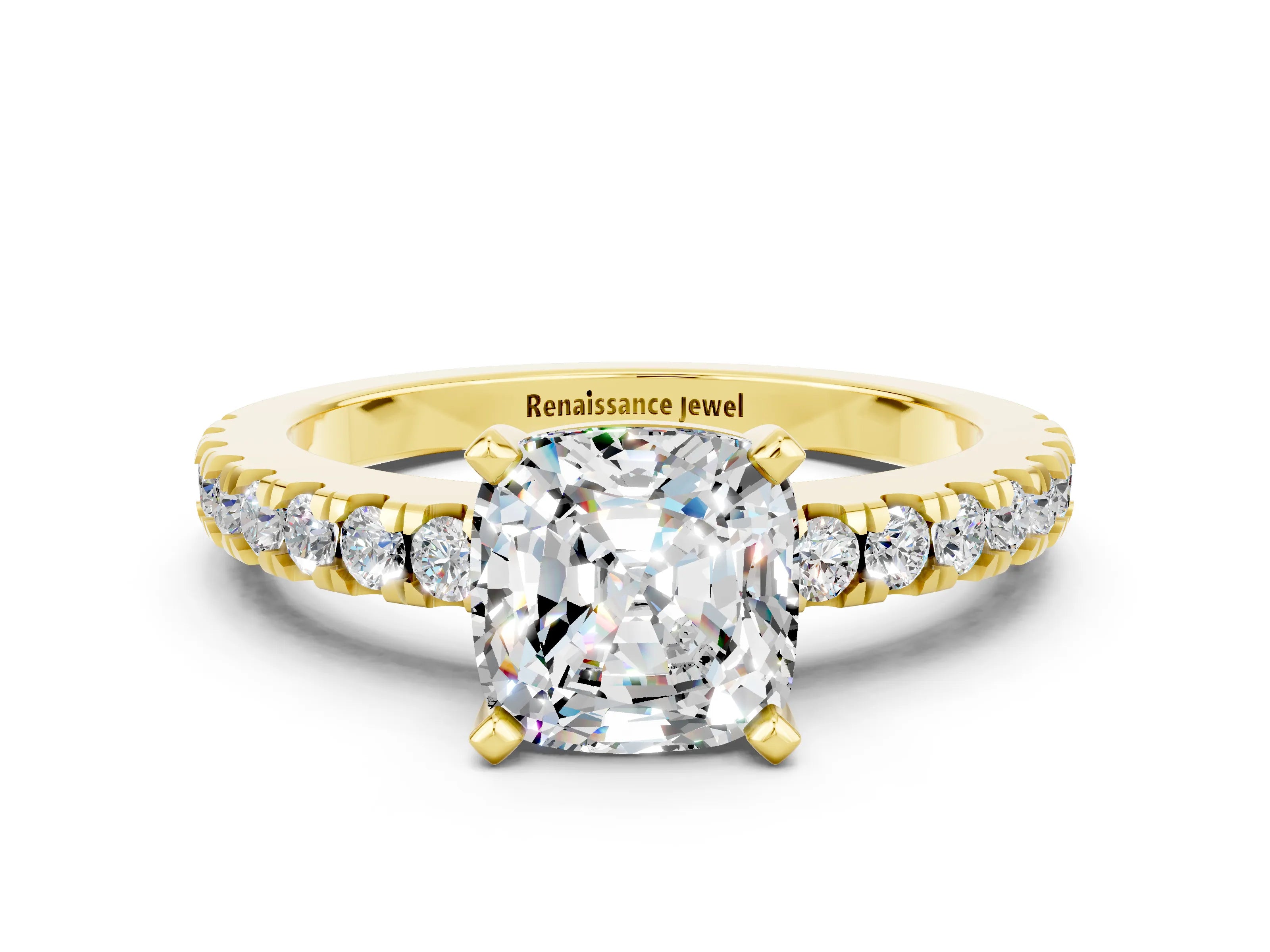 Yellow gold Cushion Cut Solitaire Diamond with Pavé Band and Four-Prong Setting