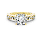 Yellow gold Cushion Cut Solitaire Diamond with Pavé Band and Four-Prong Setting