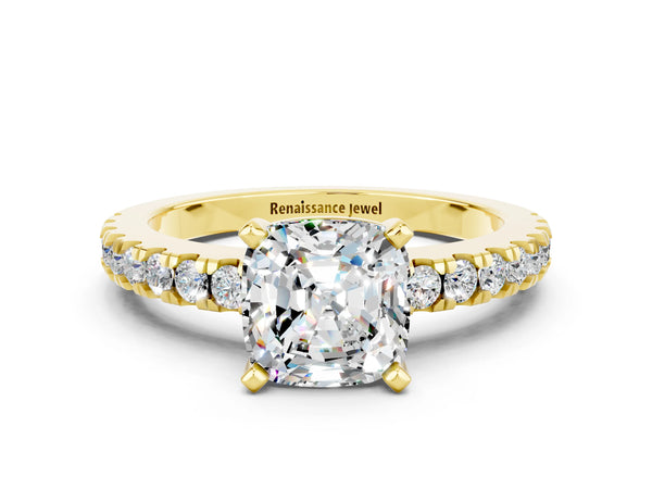 Yellow gold Cushion Cut Solitaire Moissanite with Pavé Band and Four-Prong Setting