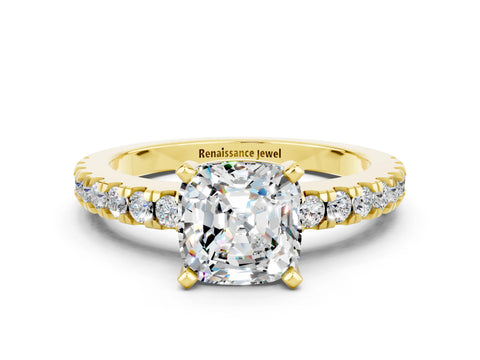 Yellow gold Cushion Cut Solitaire Diamond with Pavé Band and Four-Prong Setting