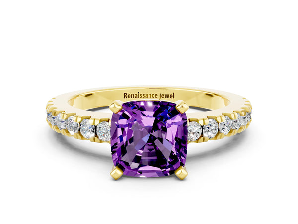 Yellow gold Cushion Cut Solitaire Amethyst with Pavé Band and Four-Prong Setting