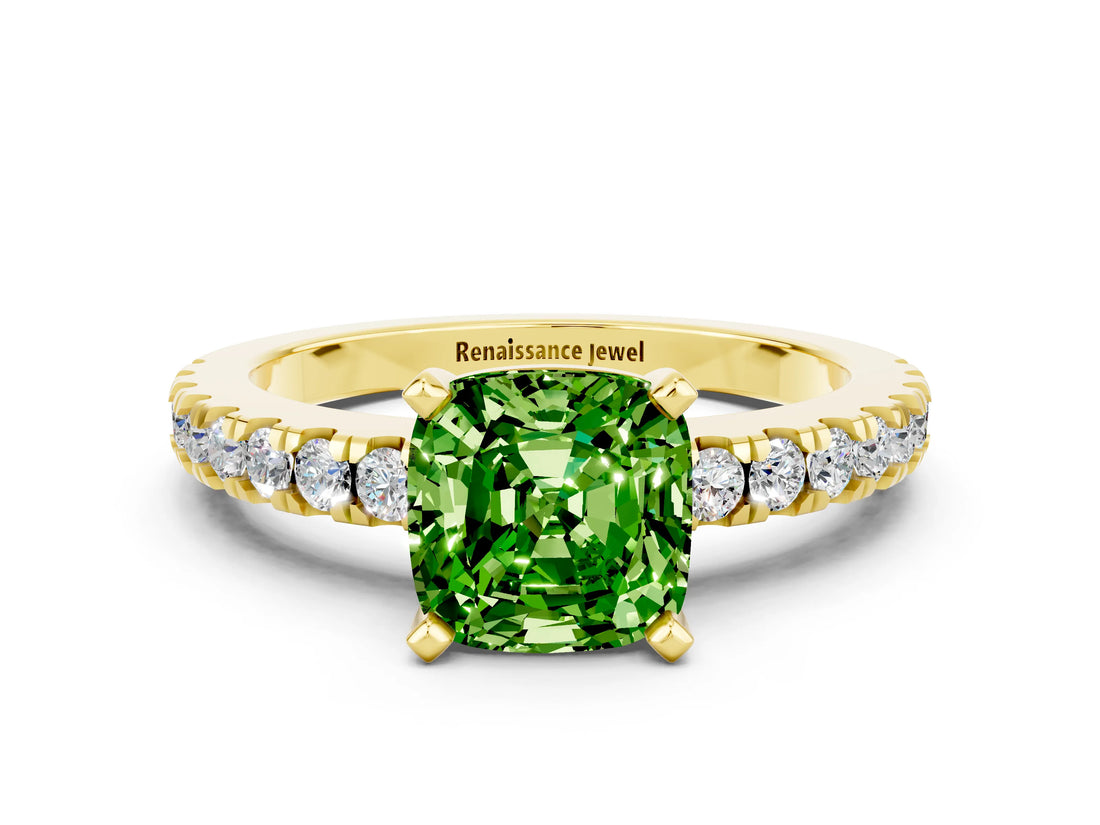 Yellow gold Cushion Cut Solitaire Diamond with Pavé Band and Four-Prong Setting