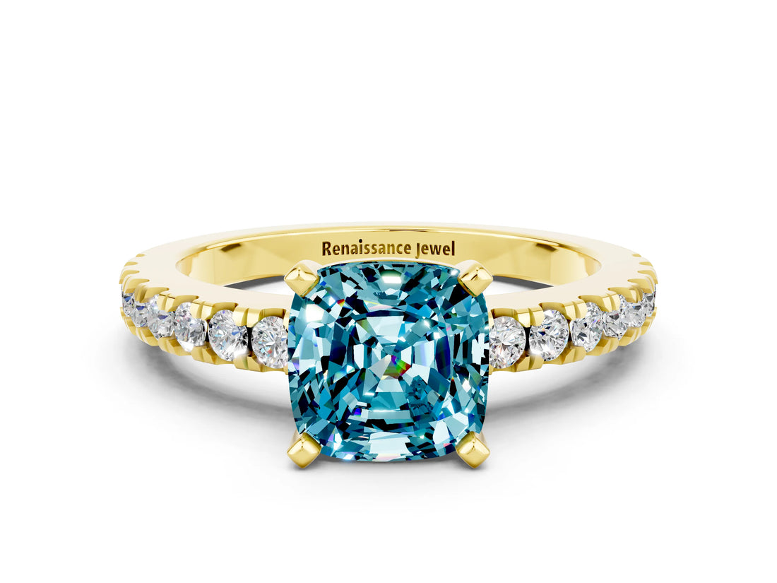 Yellow gold Cushion Cut Solitaire Diamond with Pavé Band and Four-Prong Setting