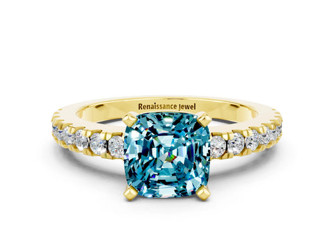 Yellow gold Cushion Cut Solitaire Diamond with Pavé Band and Four-Prong Setting