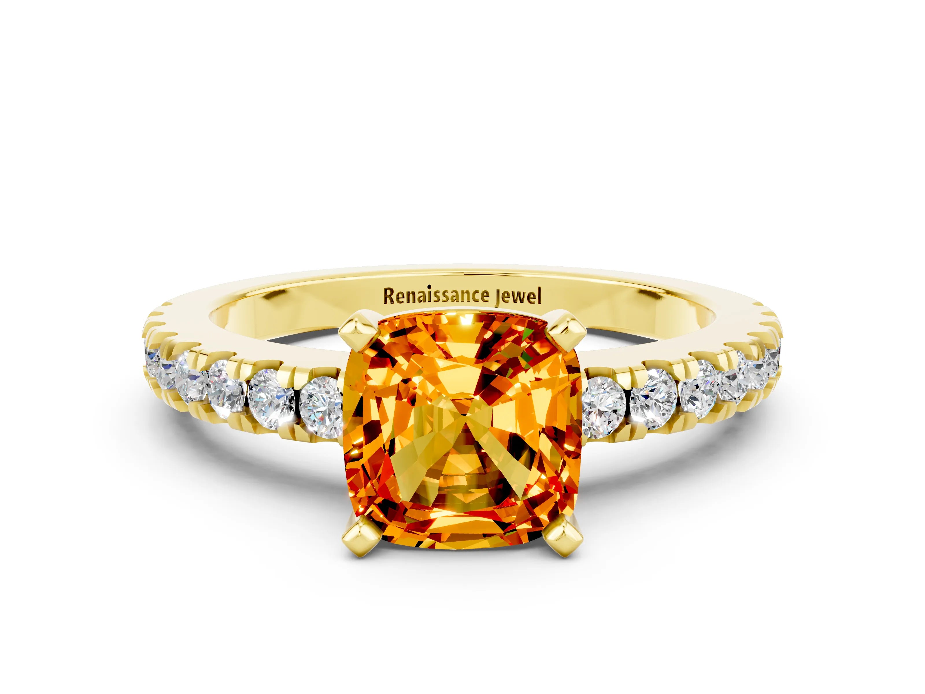 Yellow gold Cushion Cut Solitaire Diamond with Pavé Band and Four-Prong Setting