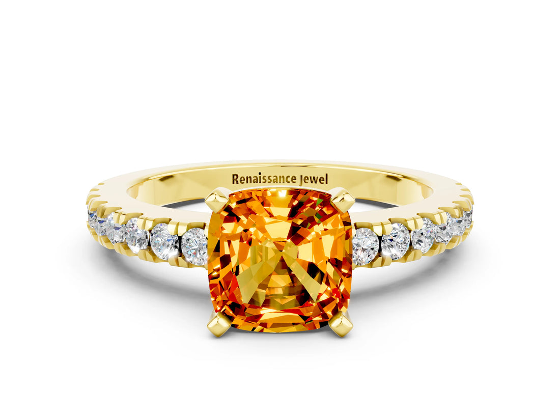 Yellow gold Cushion Cut Solitaire Diamond with Pavé Band and Four-Prong Setting