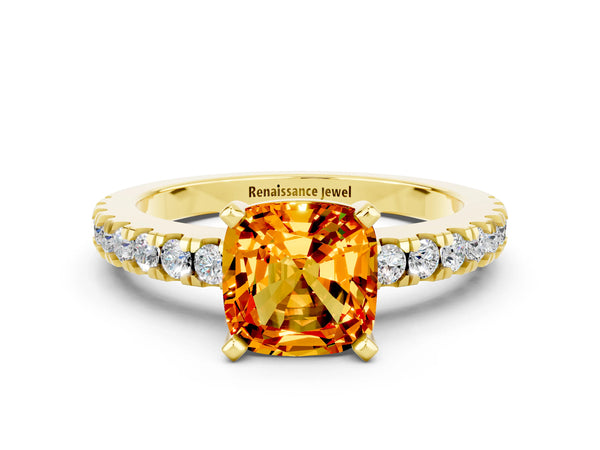 Yellow gold Cushion Cut Solitaire Citrine with Pavé Band and Four-Prong Setting