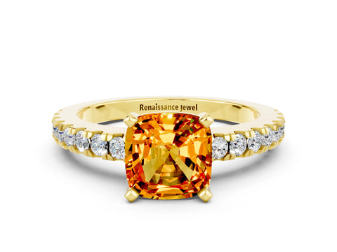 Yellow gold Cushion Cut Solitaire Diamond with Pavé Band and Four-Prong Setting