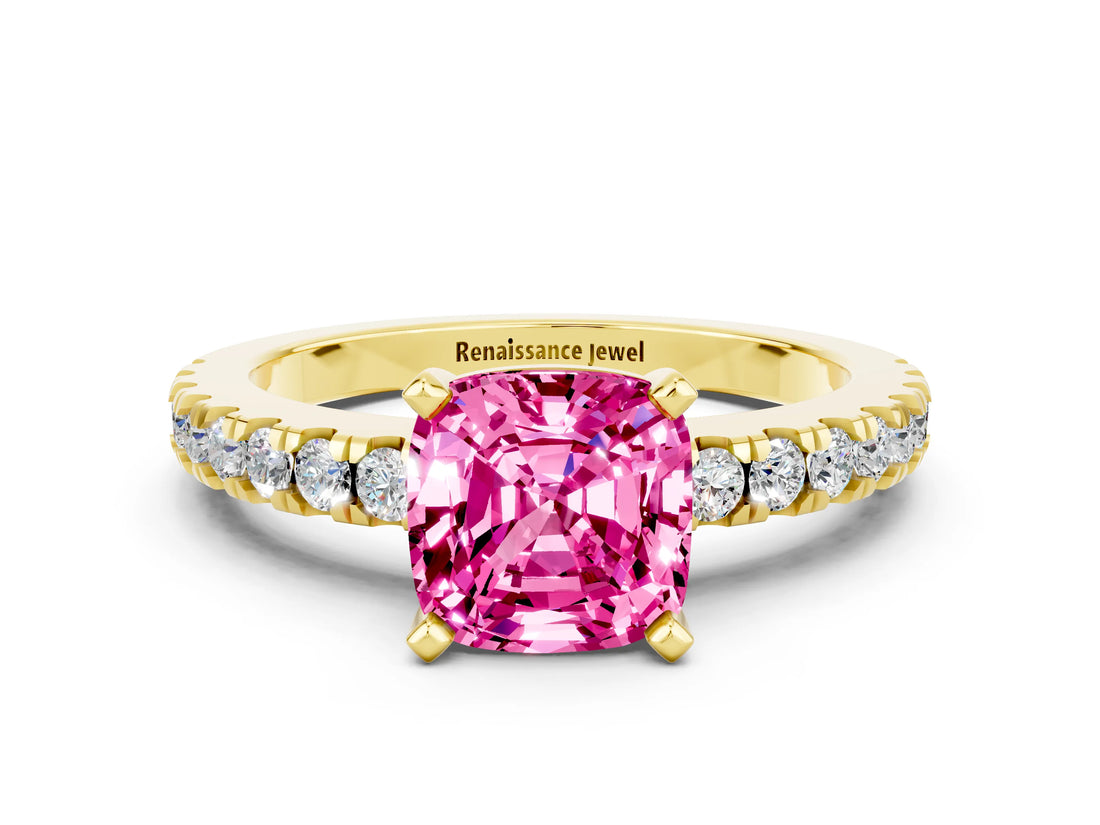 Yellow gold Cushion Cut Solitaire Diamond with Pavé Band and Four-Prong Setting