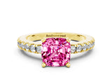Yellow gold Cushion Cut Solitaire Diamond with Pavé Band and Four-Prong Setting