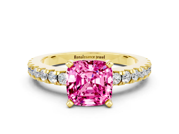 Yellow gold Cushion Cut Solitaire Pink Sapphire with Pavé Band and Four-Prong Setting