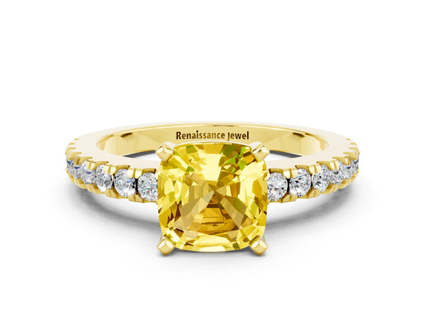 Yellow gold Cushion Cut Solitaire Yellow Sapphire with Pavé Band and Four-Prong Setting