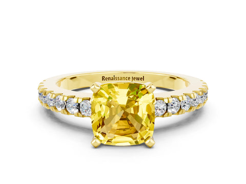 Yellow gold Cushion Cut Solitaire Diamond with Pavé Band and Four-Prong Setting