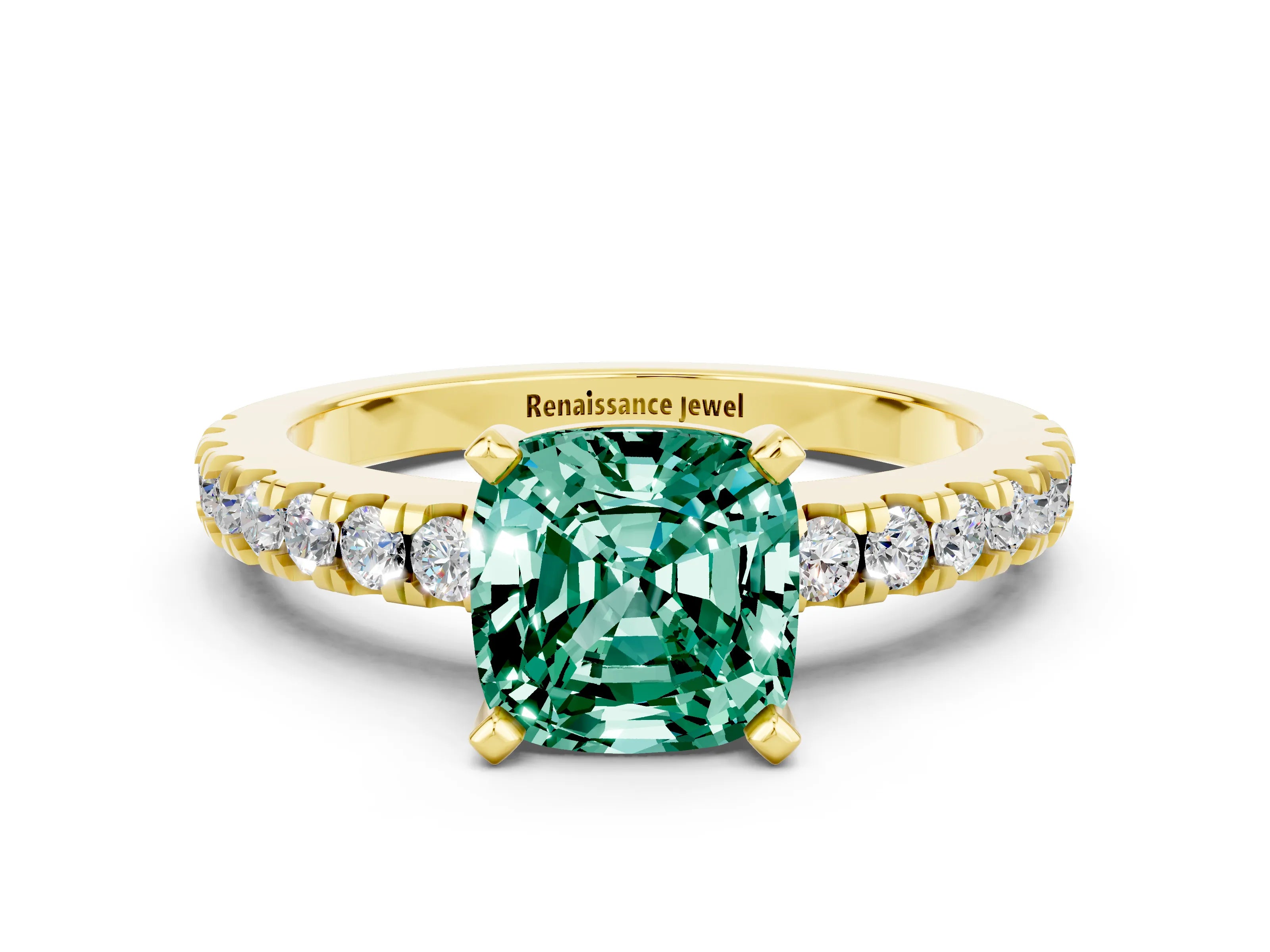 Yellow gold Cushion Cut Solitaire Diamond with Pavé Band and Four-Prong Setting