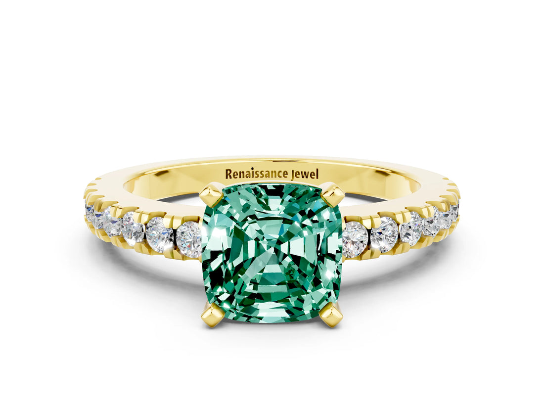 Yellow gold Cushion Cut Solitaire Diamond with Pavé Band and Four-Prong Setting