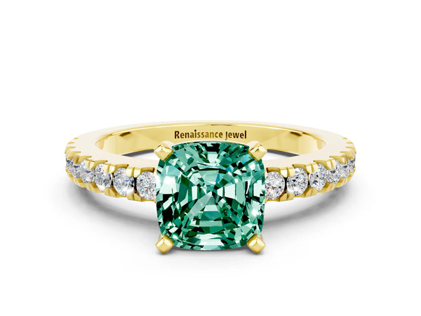 Yellow gold Cushion Cut Solitaire Green Sapphire with Pavé Band and Four-Prong Setting