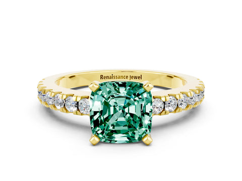 Yellow gold Cushion Cut Solitaire Diamond with Pavé Band and Four-Prong Setting