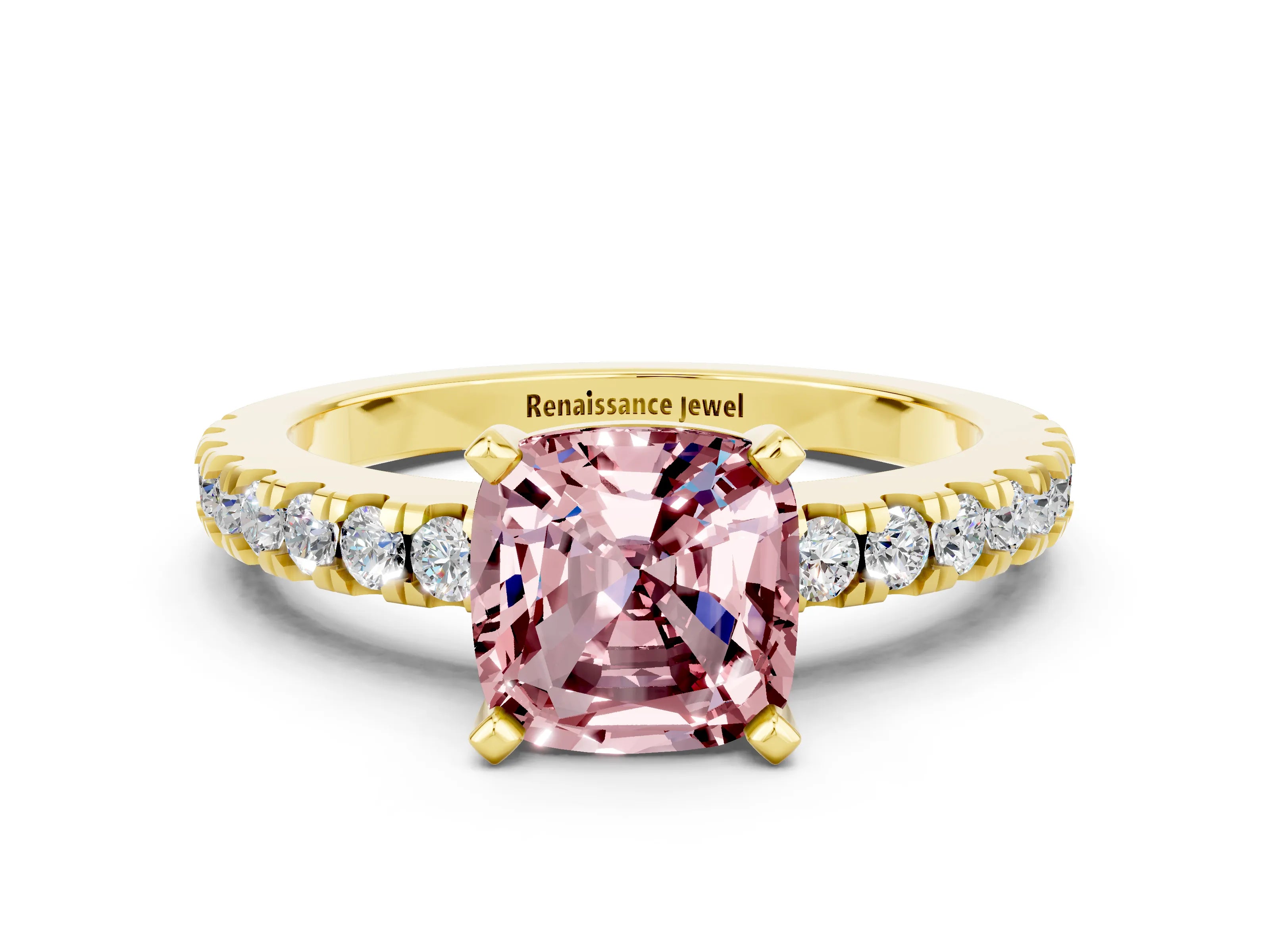 Yellow gold Cushion Cut Solitaire Diamond with Pavé Band and Four-Prong Setting