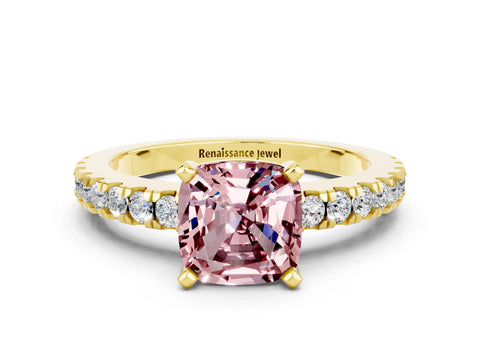 Yellow gold Cushion Cut Solitaire Diamond with Pavé Band and Four-Prong Setting