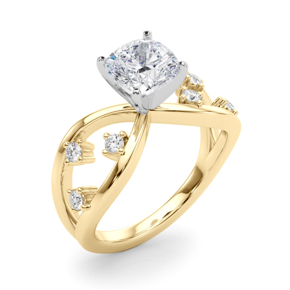 Yellow gold Cushion Cut Solitaire Diamond with Side Stones on Criss-Cross Band and Four-Prong Setting 1