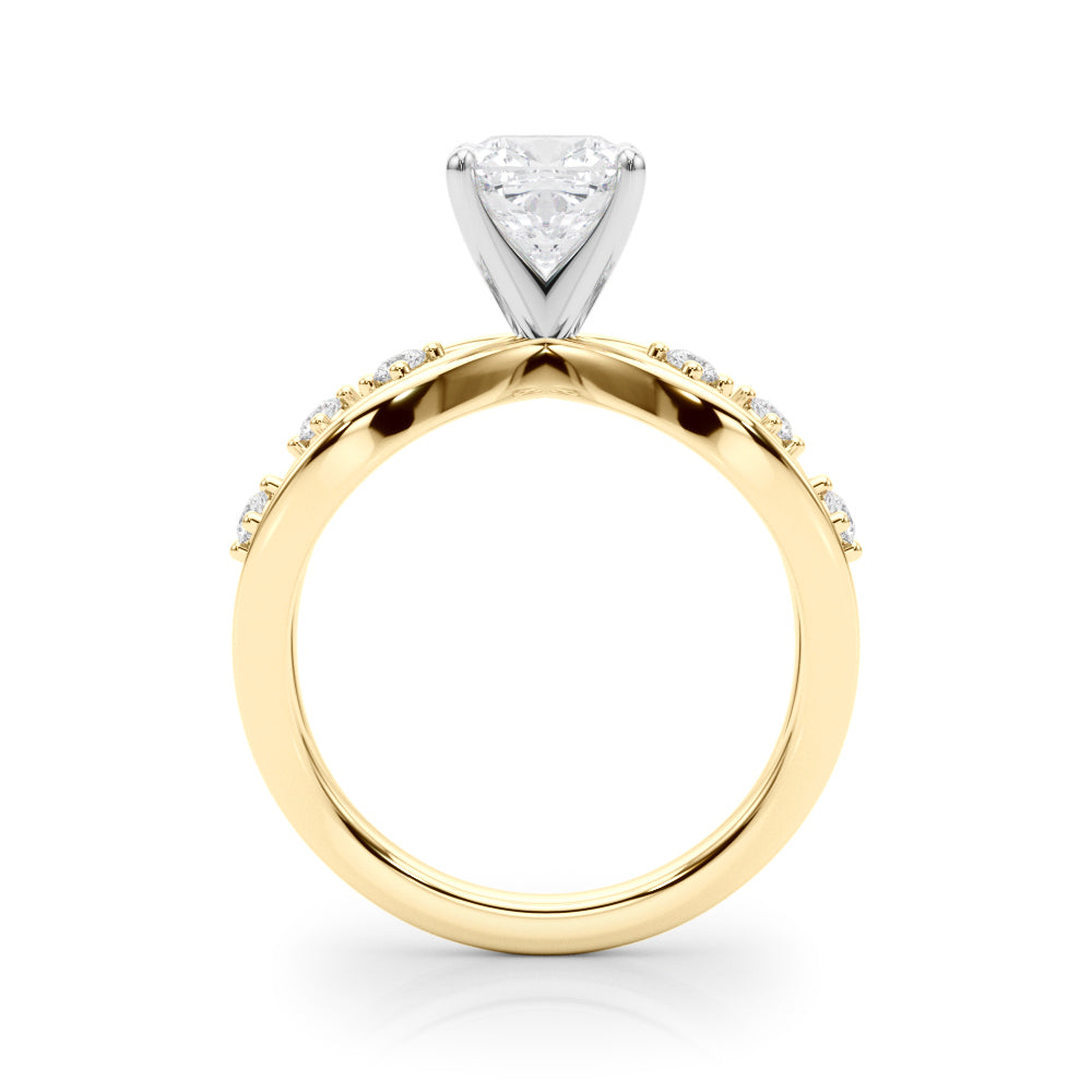 Yellow gold Cushion Cut Solitaire Diamond with Side Stones on Criss-Cross Band and Four-Prong Setting 2