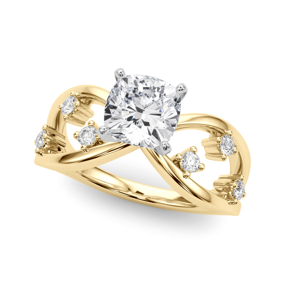 Yellow gold Cushion Cut Solitaire Diamond with Side Stones on Criss-Cross Band and Four-Prong Setting