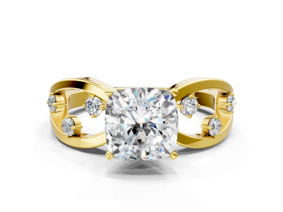 Yellow gold Cushion Cut Solitaire Diamond with Side Stones on Criss-Cross Band and Four-Prong Setting_25