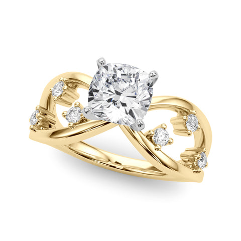 Yellow gold Cushion Cut Solitaire Diamond with Side Stones on Criss-Cross Band and Four-Prong Setting