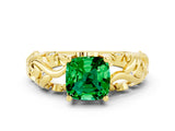 Yellow gold Cushion Cut Solitaire Emerald Leaf-Inspired Vine Band Ring with Prong Setting