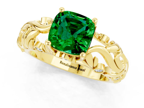 Yellow gold Cushion Cut Solitaire Emerald Leaf-Inspired Vine Band Ring with Prong Setting_1