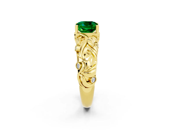 Yellow gold Cushion Cut Solitaire Emerald Leaf-Inspired Vine Band Ring with Prong Setting