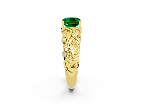 Yellow gold Cushion Cut Solitaire Emerald Leaf-Inspired Vine Band Ring with Prong Setting_2