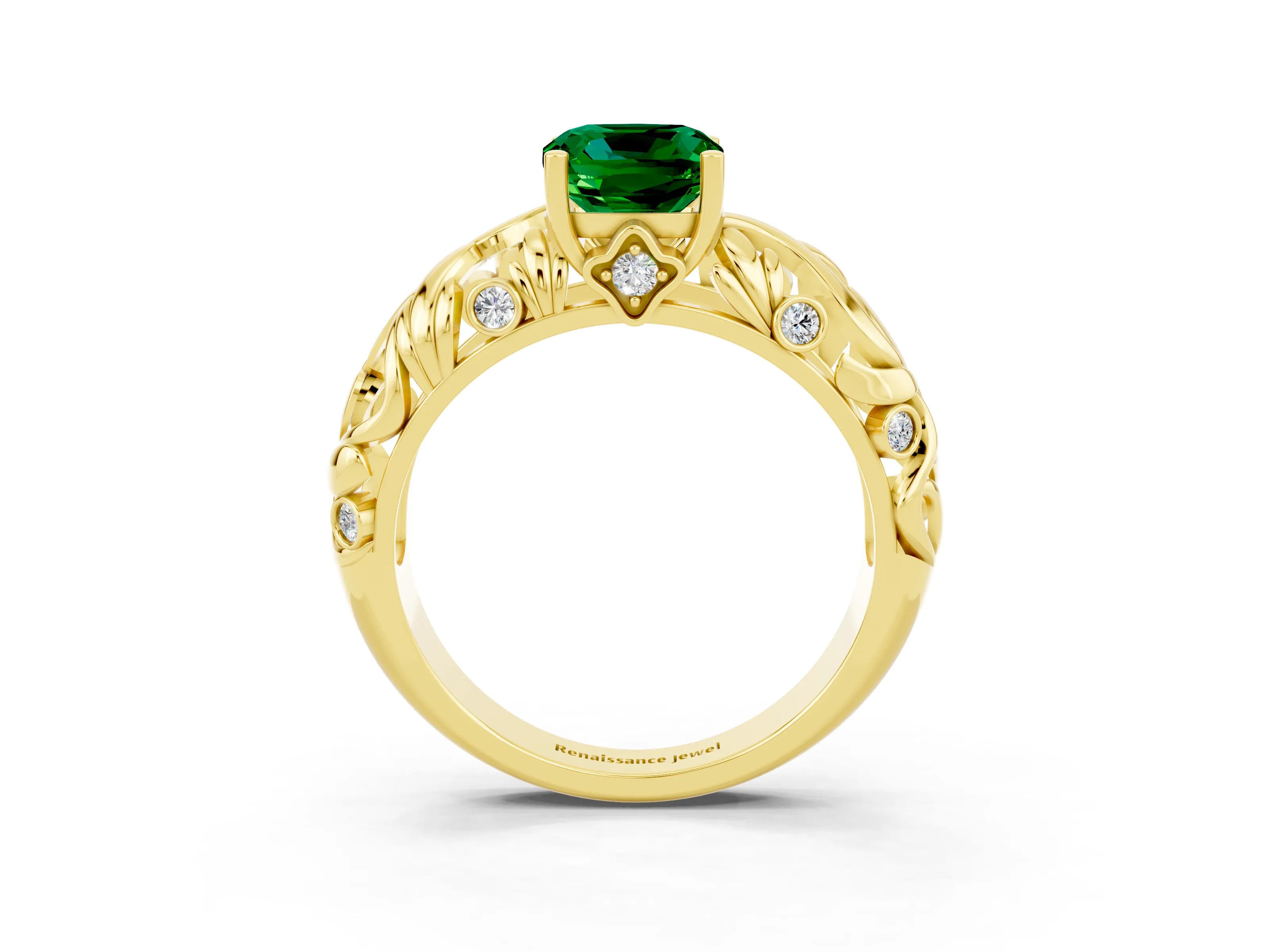 Yellow gold Cushion Cut Solitaire Emerald Leaf-Inspired Vine Band Ring with Prong Setting_3