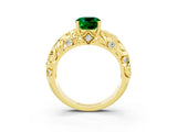 Yellow gold Cushion Cut Solitaire Emerald Leaf-Inspired Vine Band Ring with Prong Setting_3