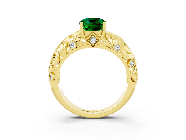 Yellow gold Cushion Cut Solitaire Emerald Leaf-Inspired Vine Band Ring with Prong Setting