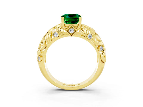 Yellow gold Cushion Cut Solitaire Emerald Leaf-Inspired Vine Band Ring with Prong Setting_3